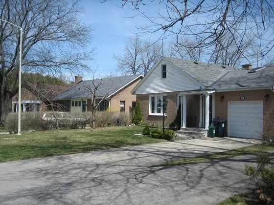 Bungalows and a tree-lined street in Don Mills.